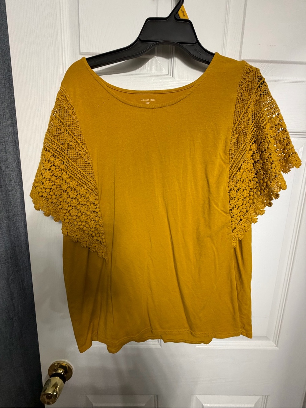 Garnet Hill Mustard Short-Sleeve Top with Crochet Lace Sleeves
